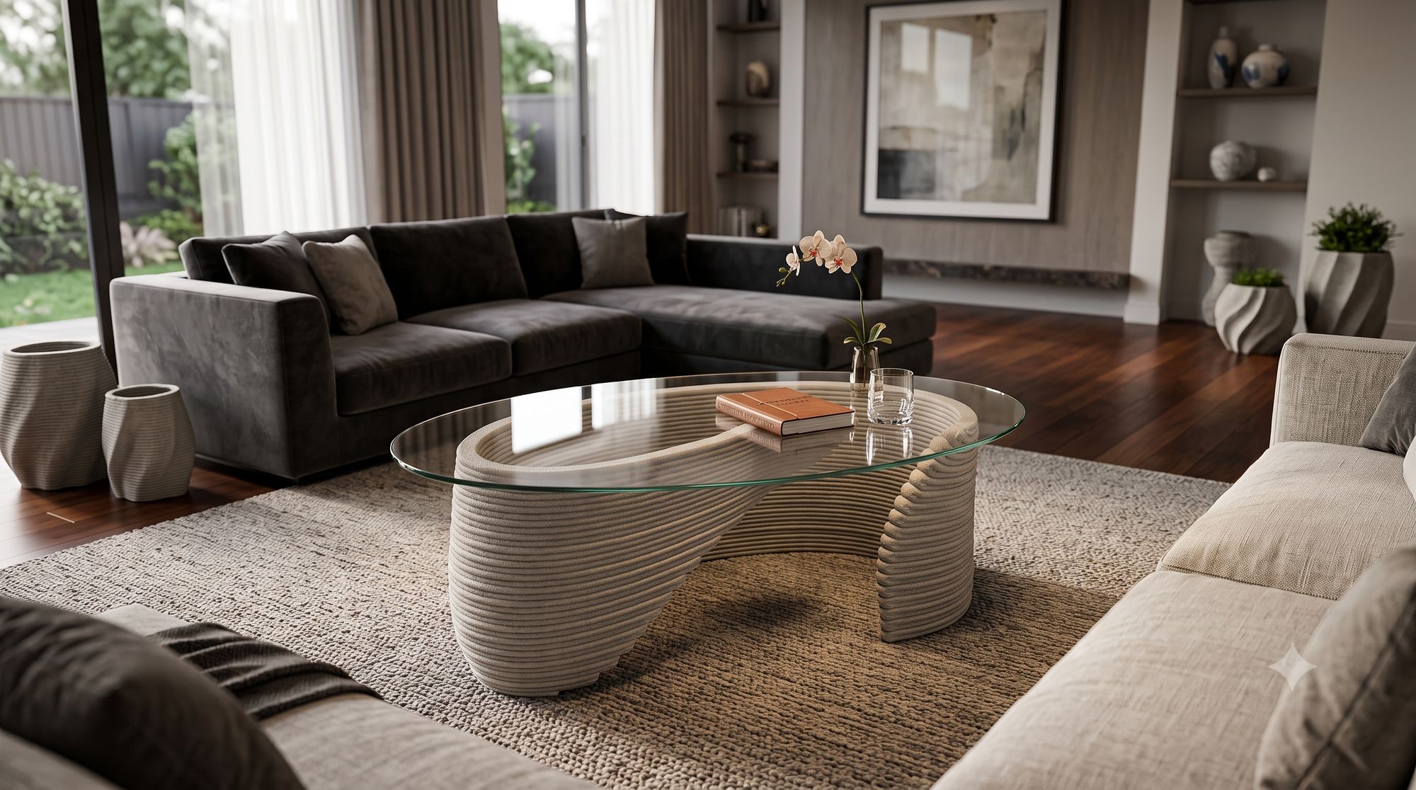 Pebble Coffee Table, 3D printed concrete base with glass top