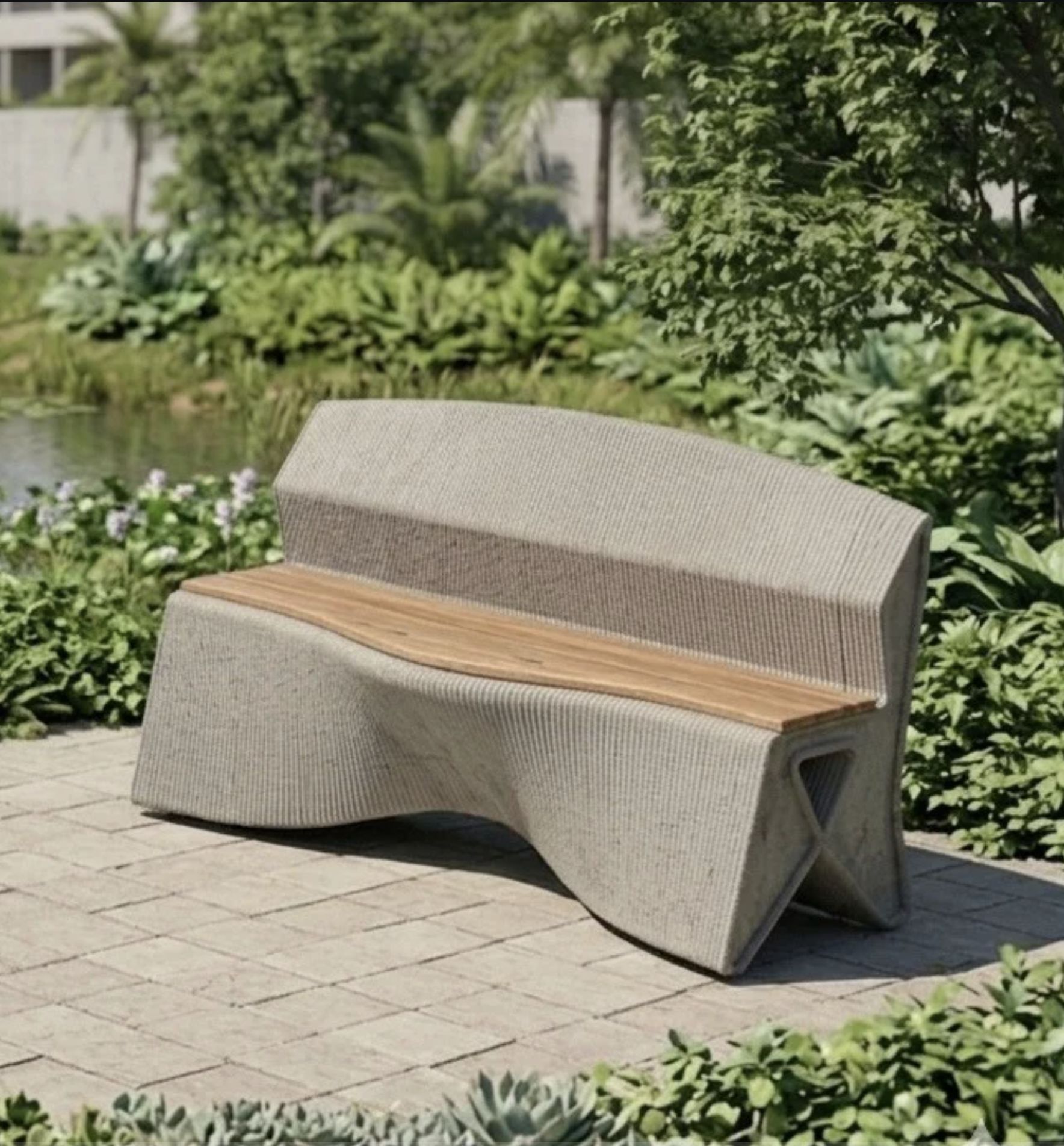 Sinuous Seater, 3D printed concrete outdoor bench with teak top