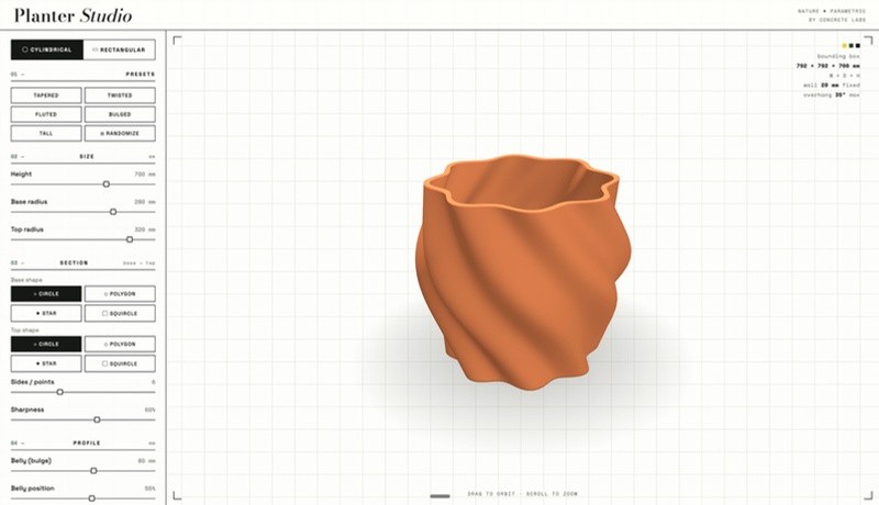 Planter Studio · parametric vessel designer interface